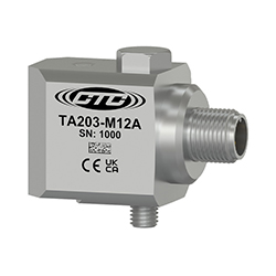 A stainless steel, standard size, M12 side exit TA203-M12A dual output condition monitoring sensor engraved with the CTC Line logo, part number, serial number, and CE and UCKA certification markings.